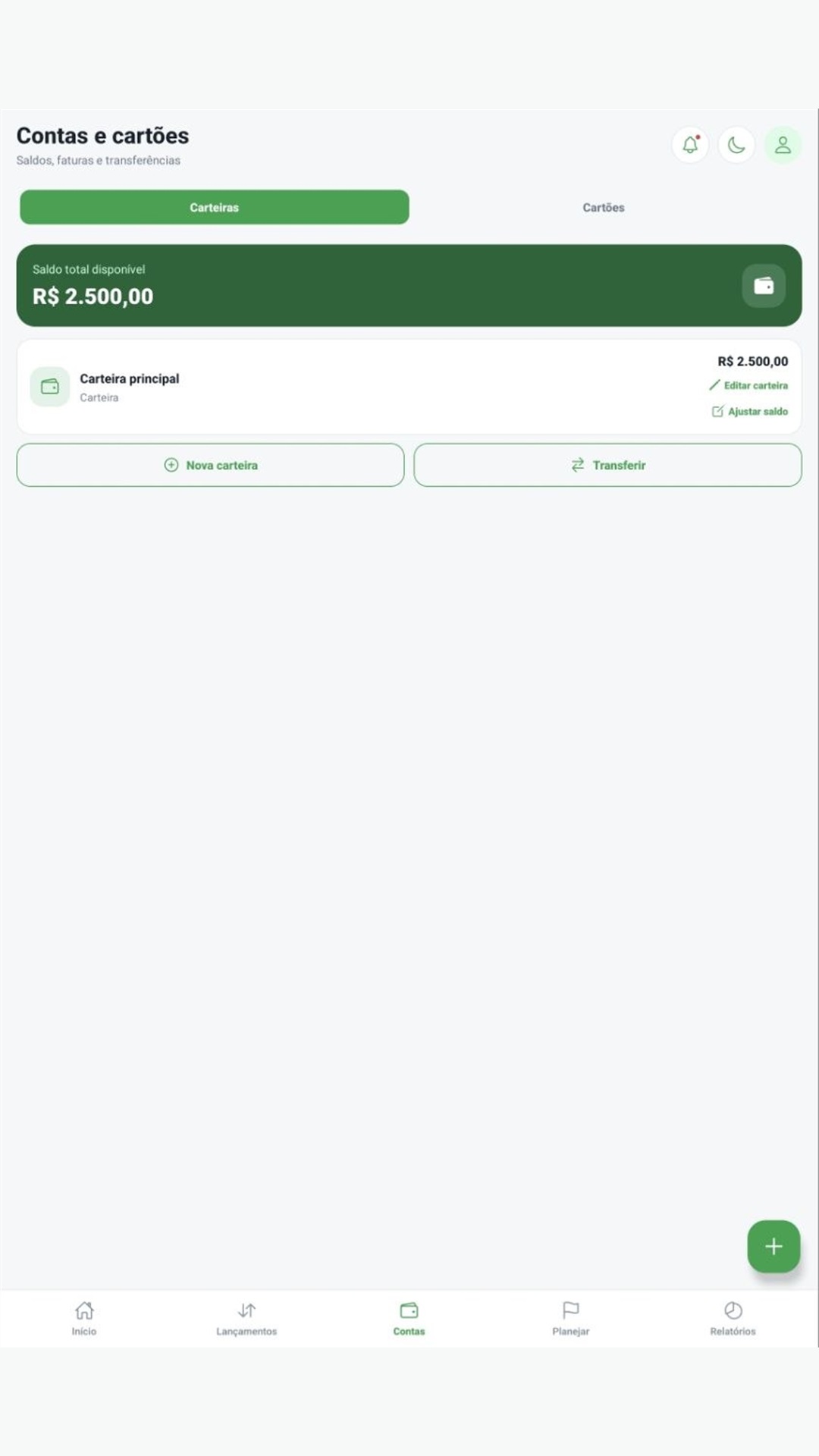 Tela de contas e carteiras do Meu Financeiro