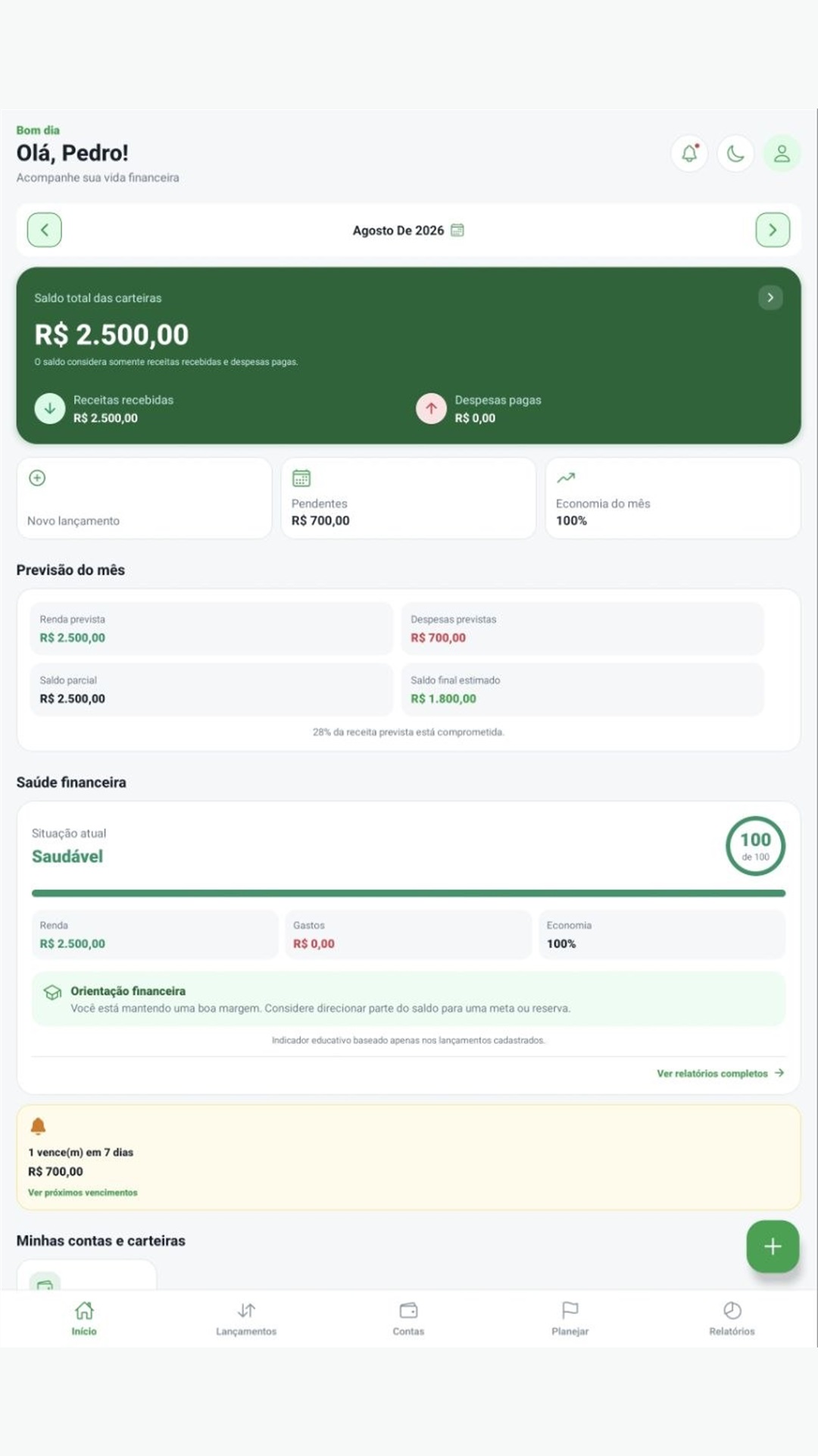 Painel inicial do Meu Financeiro com saldo, previsão e saúde financeira