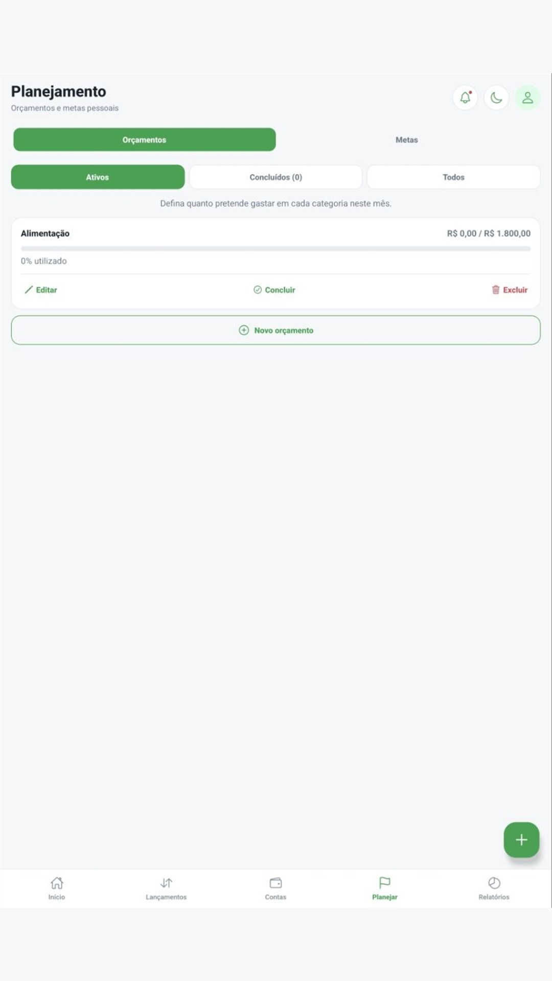 Tela de planejamento do Meu Financeiro