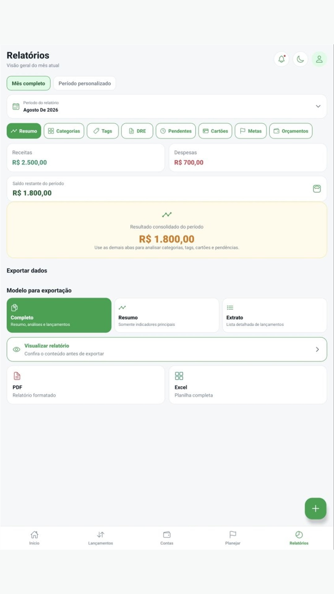Relatórios financeiros do Meu Financeiro